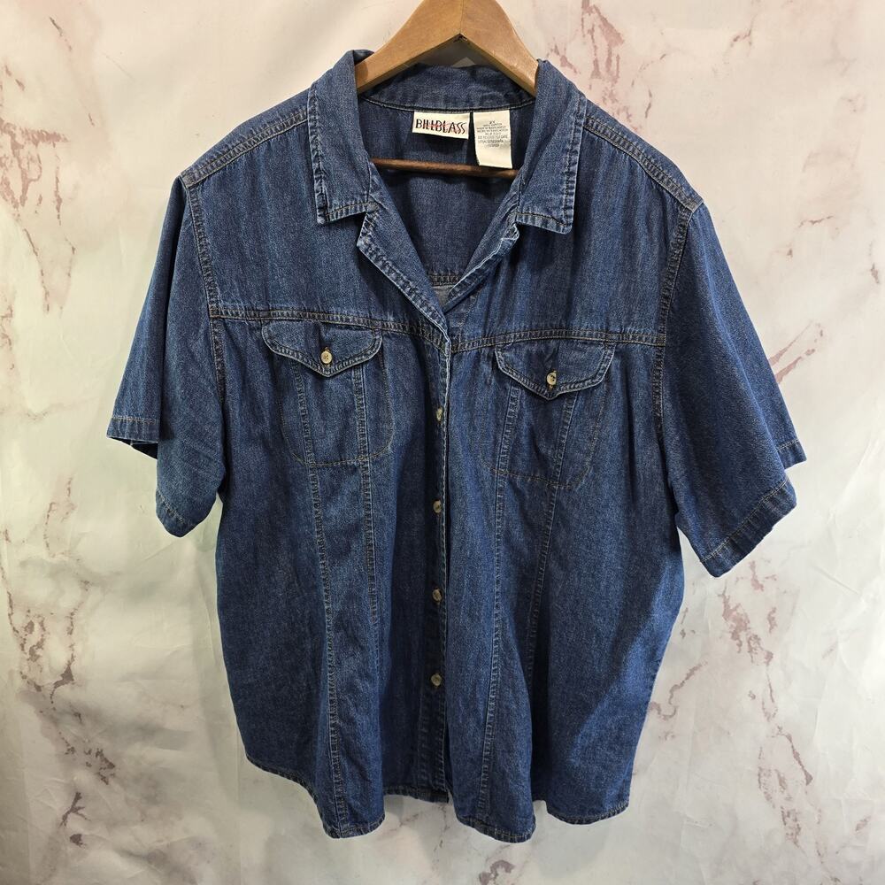 Vintage Shirt Womens 2X 90s Y2K Denim Jean Chambray Camp Button Up Short Boxy
